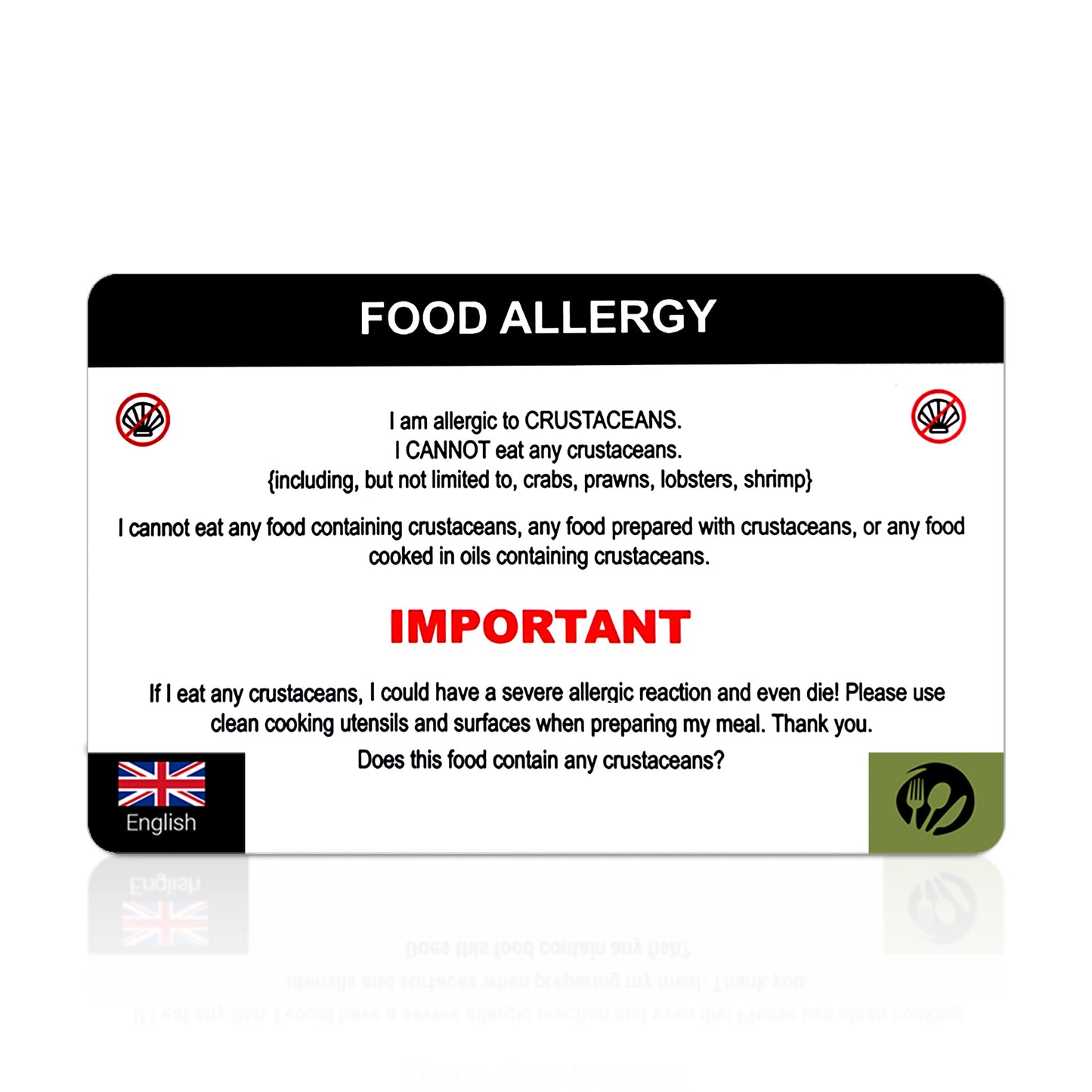 Crustacean Allergy Translation Card